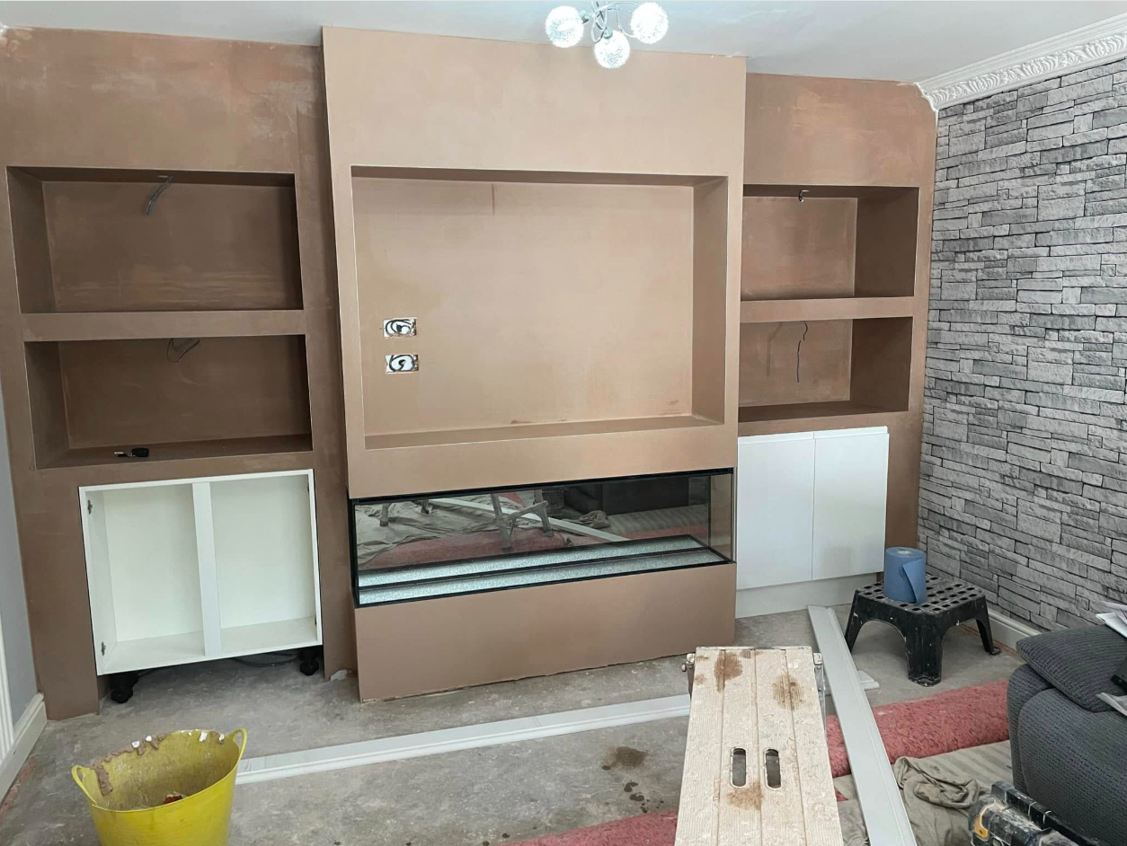 Media wall build at plastered stage before decoration